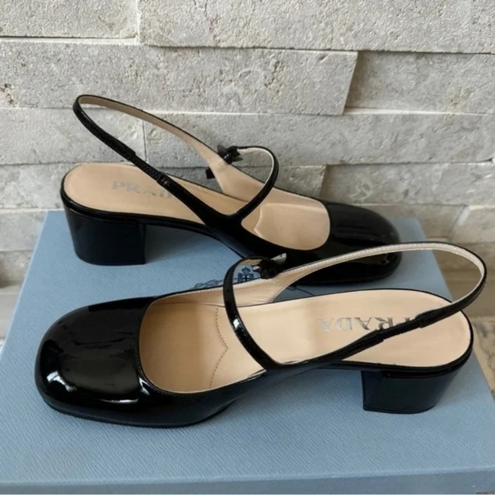 Prada Décoletté Logo Slingback Mary Jane Black Patent Leather Block Heel Pump - Picture 4 of 8